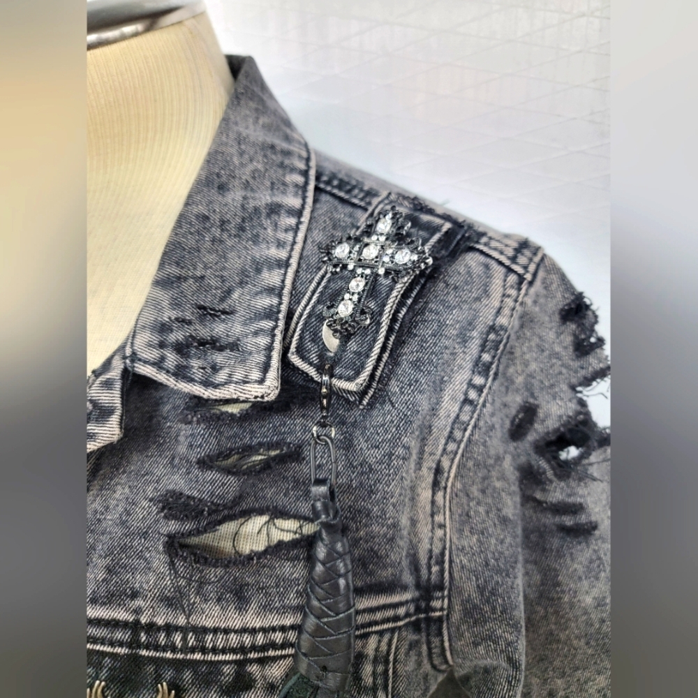 Rock Gothic Jean Jacket With Ed Hardy Eagle Graphics Upcycled Renewed - Picture 9 of 12